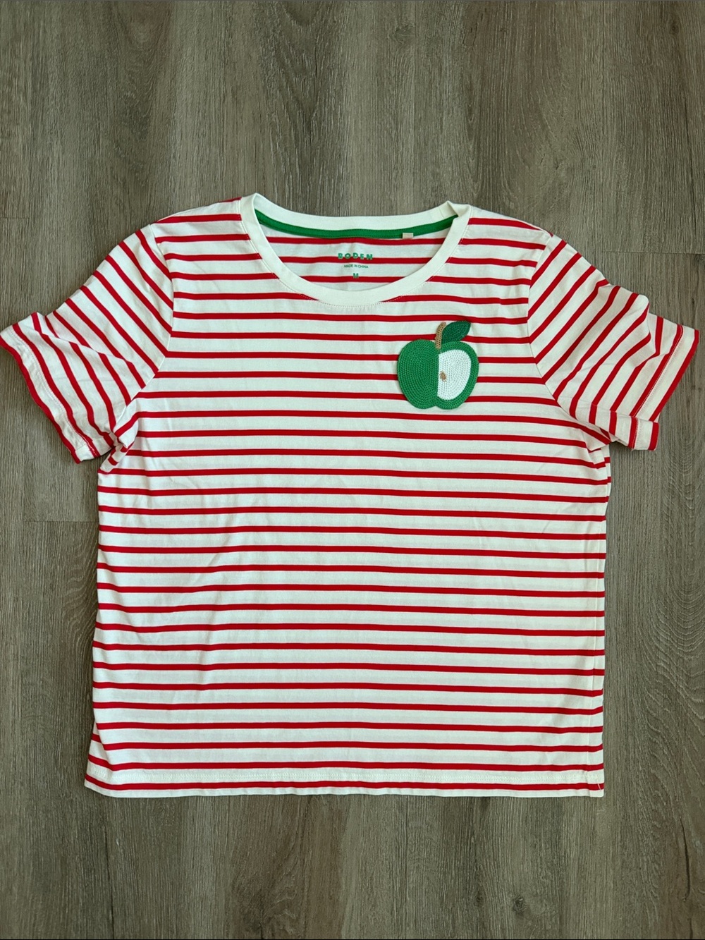 Boden White and Red Striped Tee with Green Apple Appliqué